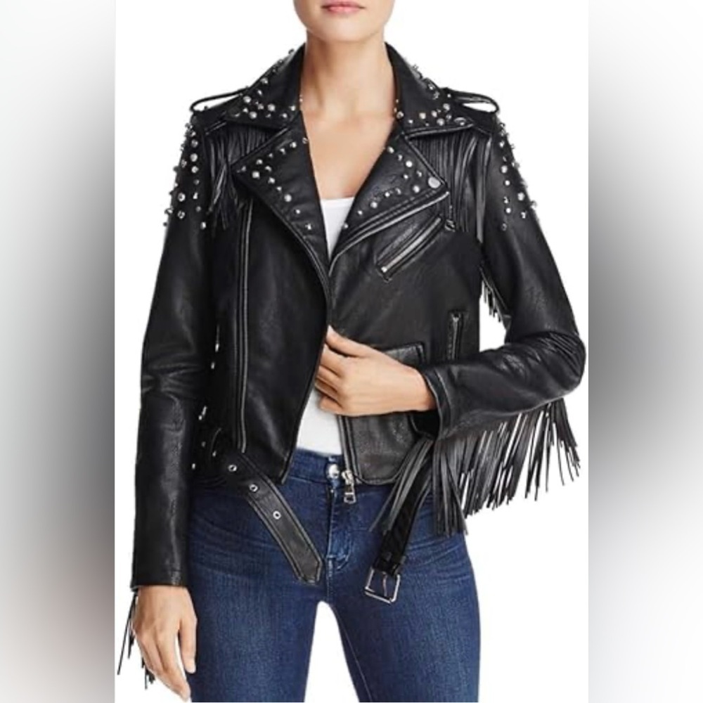 Vigoss Black Leather Jacket With Studs And Fringe